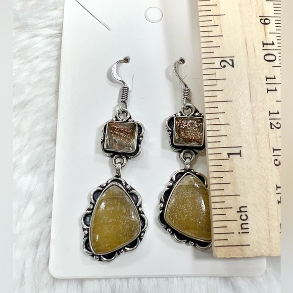 Yellow Agate Dichroic Glass 925 Gemstone Earrings - Picture 3 of 4